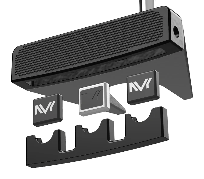 NVY III fang mallet, exploded, with the black TCH Slot and the weights lifted clear of the head